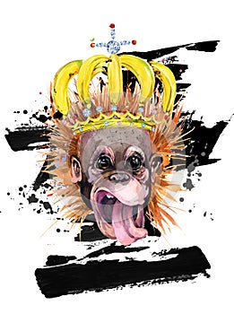 Funny monkey hand drawn watercolor illustration.