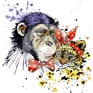Funny monkey, leopard, watercolor background
