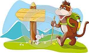 Funny monkey tourist hiking mountains, cartoon ill