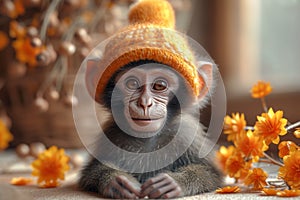 Funny monkey in a warm hat sitting in a home interior