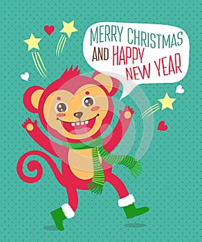 Funny Monkey Wished A Happy New Year. Christmas Character. Cartoon Vector Card. Cute Monkey Character.