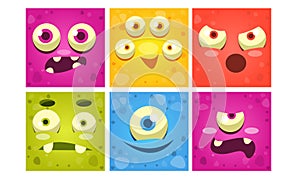 Funny Monster Faces Set, Colorful Square Mutant Emojis, Cute Emoticons with Different Emotions Vector Illustration