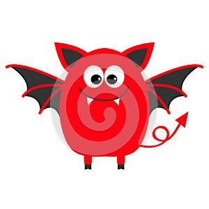 Funny monster with fang tooth and wings. Cute cartoon character. Red color. Baby collection. . Happy Halloween card. Flat