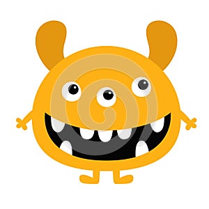 Funny monster. Happy Halloween. Cute smiling face head with ears, fangs. Orange silhouette monsters. Cartoon kawaii funny kids boo