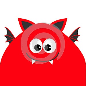 Funny monster head with big eyes, fang tooth and wings. Cute cartoon character. Red color. Baby collection. Isolated. Happy Hallow photo