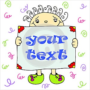 Funny monster holding a sign for your text