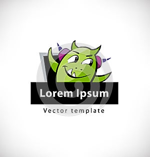 Funny monster logo vector. Isolated icon, logotype consept with sign and text frame for computer games, forums, web sites. photo