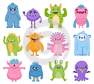Funny monsters. Cartoon cute and scary creatures with horns and teeth. Halloween monster and alien characters. Friendly monsters