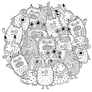 Funny monsters circle shape pattern for coloring book
