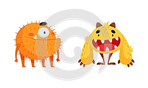 Funny monsters. Cute toothy baby monster cartoon characters vector illustration