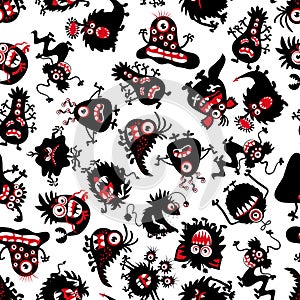 Funny monsters pattern for little boy. Halloween scary creatures vector background