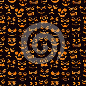 Funny monsters seamless pattern. Halloween holiday character silhouettes background. Vampires, skeletons, demons stencil