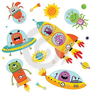 Funny monsters in space. Vector illustration