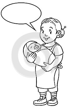 Funny mother or nanny with baby. Coloring book.