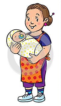 Funny mother or nanny with baby. Coloring book. photo