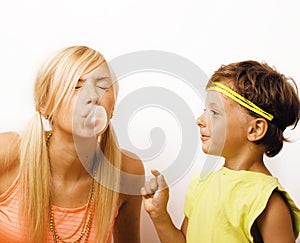 Funny mother and son with bubble gum