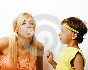 Funny mother and son with bubble gum