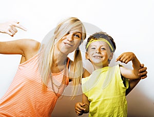 Funny mother and son with bubble gum