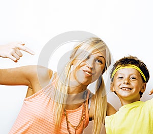 funny mother and son with bubble gum