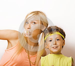 Funny mother and son with bubble gum