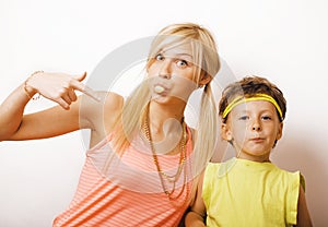 Funny mother and son with bubble gum