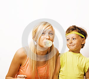 Funny mother and son with bubble gum