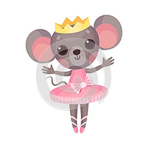 Funny Mouse in Ballerina Dress and Crown on Head Dancing Vector Illustration