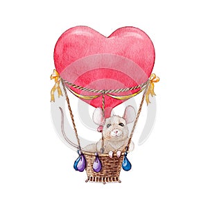 Funny mouse in the red heart shape air balloon watercolor illustration. Cute little animal travelling in the basket cartoon image.