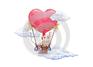 Funny mouse in the red heart shape air balloon watercolor illustration. Cute little animal travelling in the clouds cartoon image.