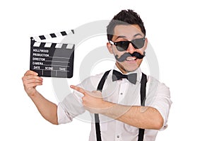 Funny with movie clapper isolated on white