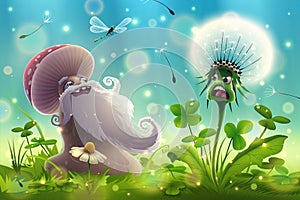 Funny mushroom blowing on a dandelion in the middle of the forest, green grass, morning clover in nature. Summer magic garden art