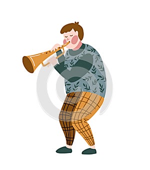 Funny musician playing a trumpet isolated on the white background. Vector illustration for music festival, jazz concert.