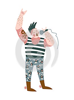 Funny musician singing punk rock song isolated on the white background. Vector illustration for music festival, rock concert.