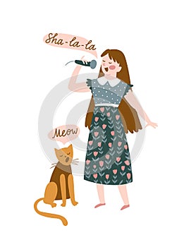 Funny musicians - young girl and cat sing a duet. Vector illustration for music festival. Bright poster design for concert.