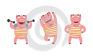 Funny Mustached Pig Wearing Striped Tank Top Posing Vector Set