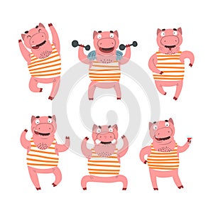 Funny Mustached Pig Wearing Striped Tank Top Posing Vector Set