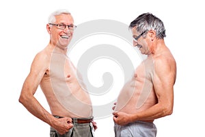 Funny naked seniors comparing belly