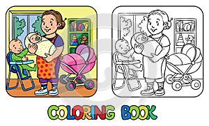 Funny nanny with children. Coloring book. photo