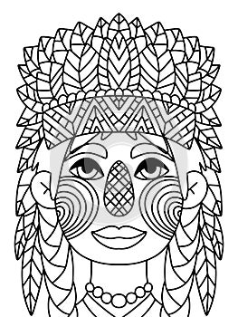 Funny native american girl coloring page stock vector illustration