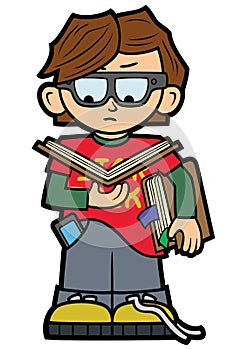 Funny nerd boy in a glasses with books