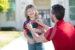 Funny nerd. Father supports and motivates son. Kid going to primary school. Kids education. Smart wunderkind in school