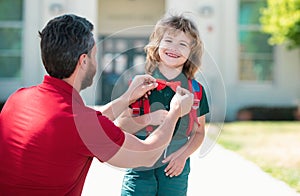 Funny nerd. Father supports and motivates son. Kid going to primary school. Kids education. Smart wunderkind in school