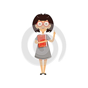 Funny nerd girl holding book and index finger up. Cartoon character with brown hair and two large front teeth. Smart kid