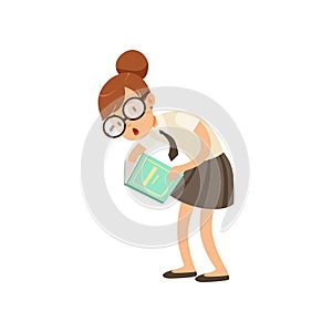 Funny nerd girl interested in reading book. Cartoon schooler in glasses, skirt and blouse with tie. Smart kid character