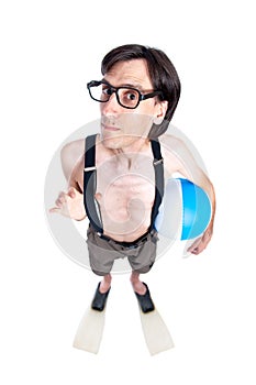 Funny nerd guy ready for the beach