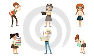 Funny Nerds and Geeks Cartoon Characters Collection, Smart School Children in Glasses with Books Vector Illustration on