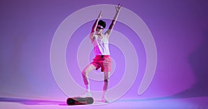 Funny Nerdy 80s Man Dancing On Discotheque On Purple Background