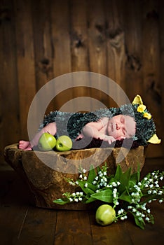 Funny newborn little baby girl in a costume of hedgehog sleeping sweetly on the stump