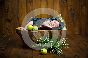 Funny newborn little baby girl in a costume of hedgehog sleeping sweetly on the stump