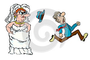 Funny newlyweds isolated on white background. Groom runs away from the bride. Running groom chased by bride.